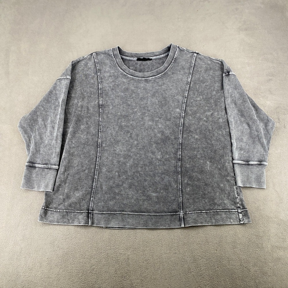 Jane + Delancey Waffle Knit Thermal Top Gray Acid Wash Seam Detail Large